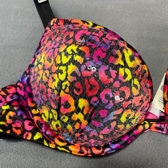 Victoria's Secret PINK Bra 34B Pink Yellow Sequin Plunge Push Up Animal Print - Picture 3 of 11